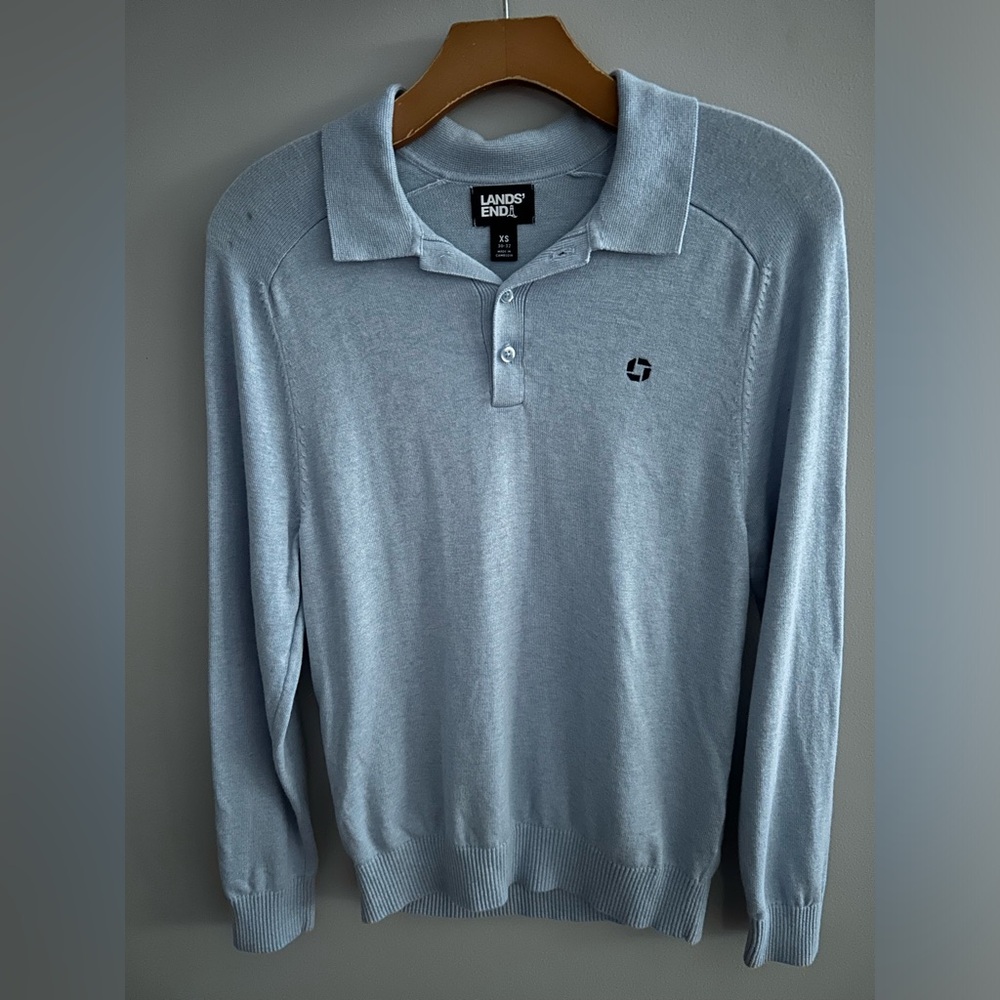 Land's End Chase Bank Light Blue Unisex Logo Collared Sweater